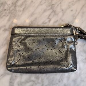 Coach Silver Metalic Perforated Leather Clutch EUC